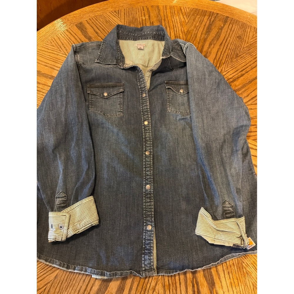 Carhartt Womens XL Blue Denim Snap Front Long Sleeve Shirt Striped Cuffs 100712